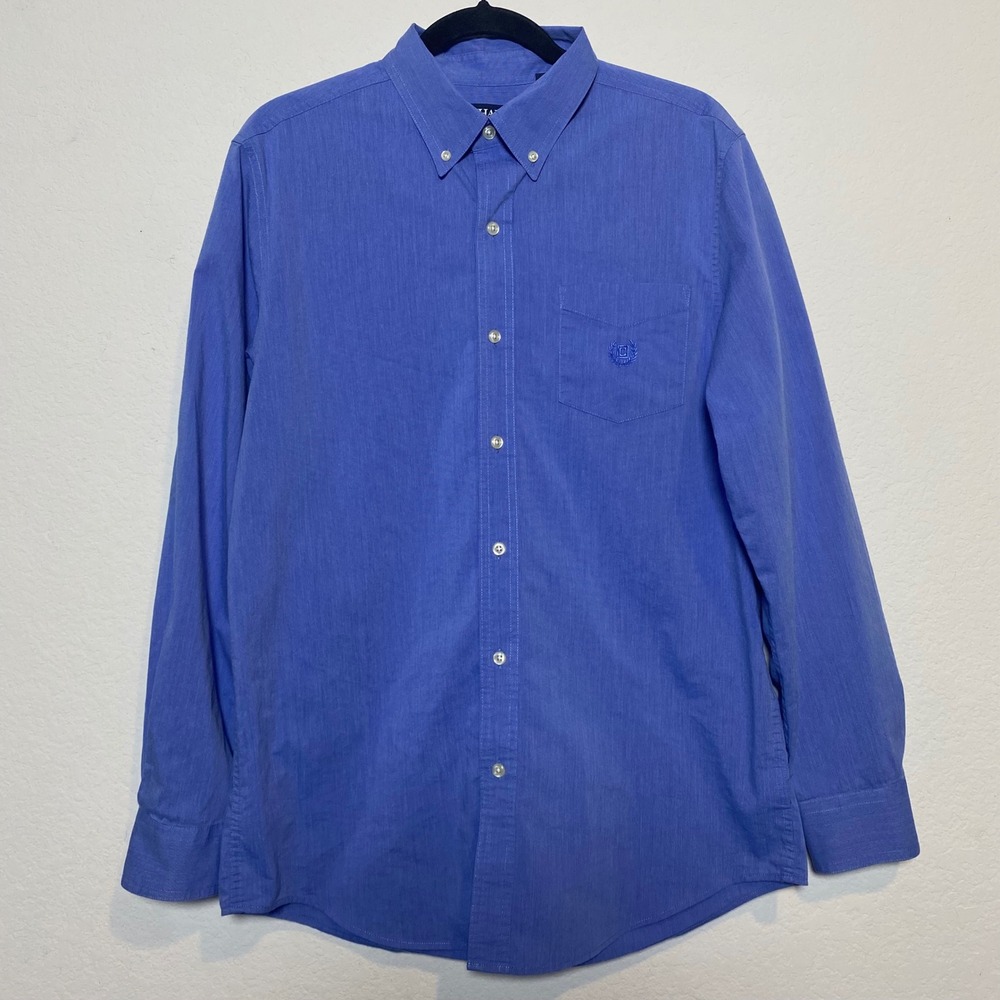 Chaps Mens Med Blue Stretch Easy Care Long Sleeve‎ Button Down Shirt Crest Logo